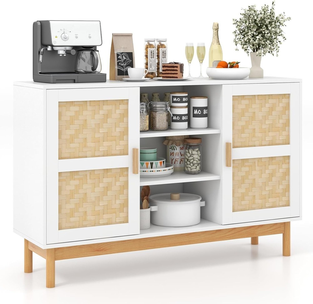 Buffet Sideboard Kitchen Storage Cabinet W/ 3 Open Shelves & 2 Side Cabinets 48”