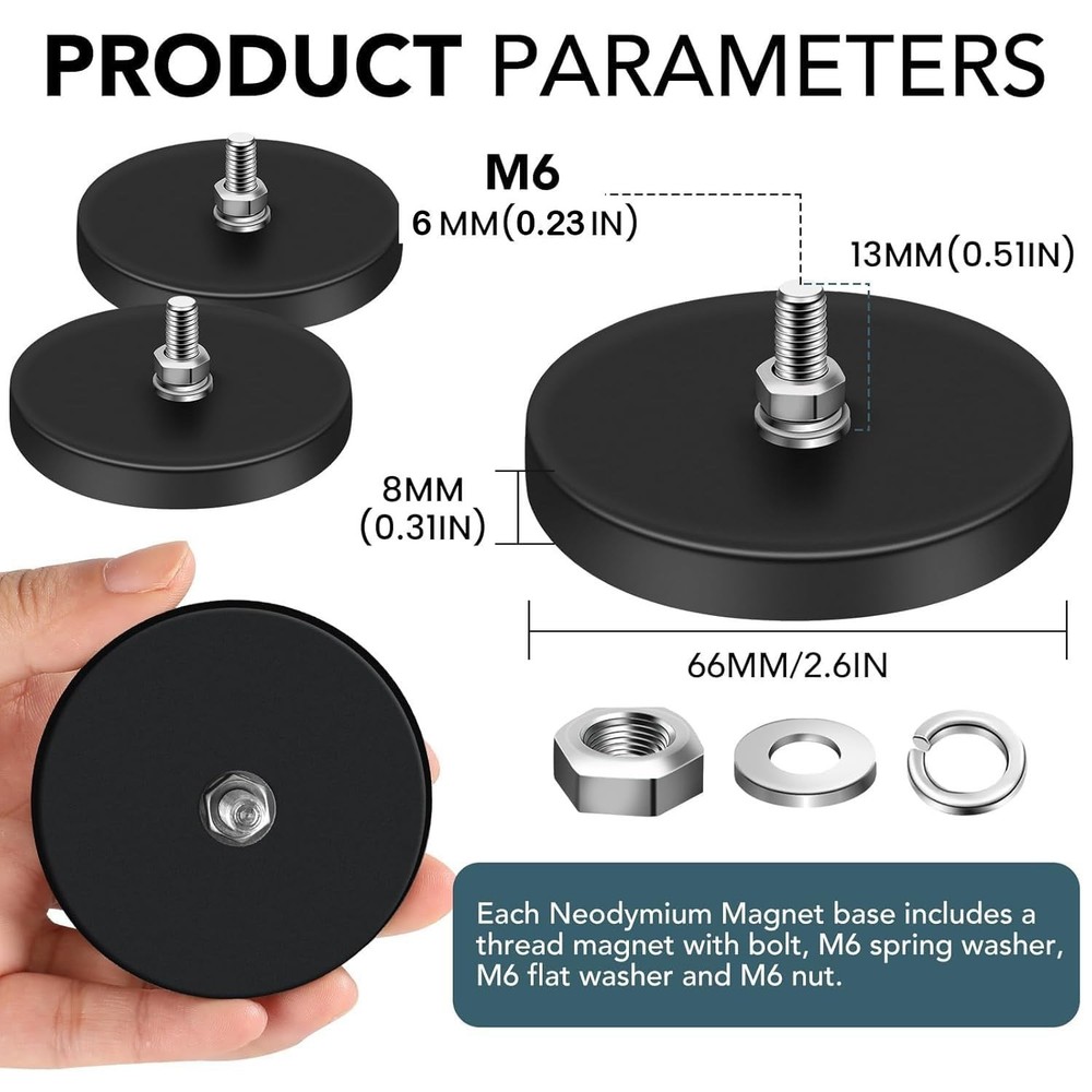 Rubber Coated Magnets, 2.6 Inch, 65LBS Pull Force, M6 Studs