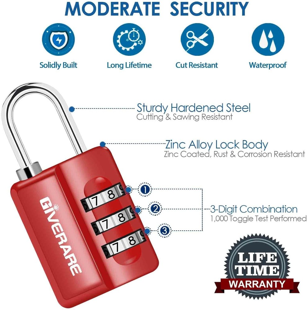 GIVERARE 4 Pack Combination Lock, 3-Digit Padlock Keyless, Small, Red