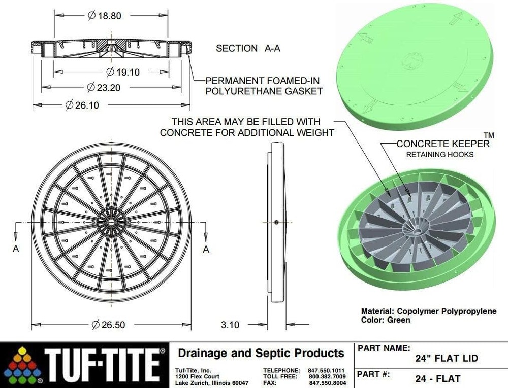 24" Heavy Duty Flat Riser Lid for Risers or Corrugated Pipe Risers, Green