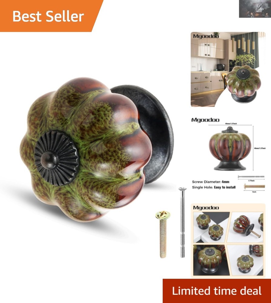 Rustic Green Pumpkin-Shaped Drawer Knobs - Handmade Ceramic Cabinet Pulls