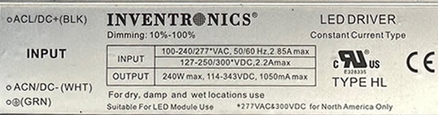 INVENTRONICS EUG-240S105DT Constant-Current LED Driver 240W 1050mA 1/pack
