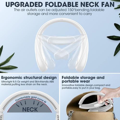 Foldable LED Display Neck Fan - 5000mAh Portable Bladeless Medium, White