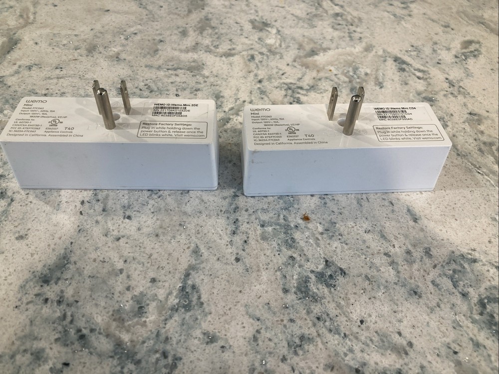 Two (2) WEMO Mini F7C063 WiFi Outlet Plugs