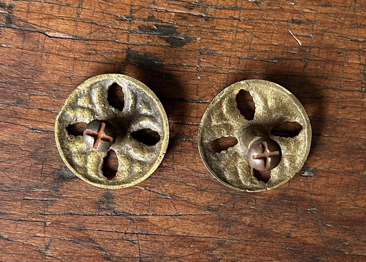 #2086-TWO Antique Cast Brass Victorian 19th C. Drawer Pulls Knob Match 1 1/2" d.