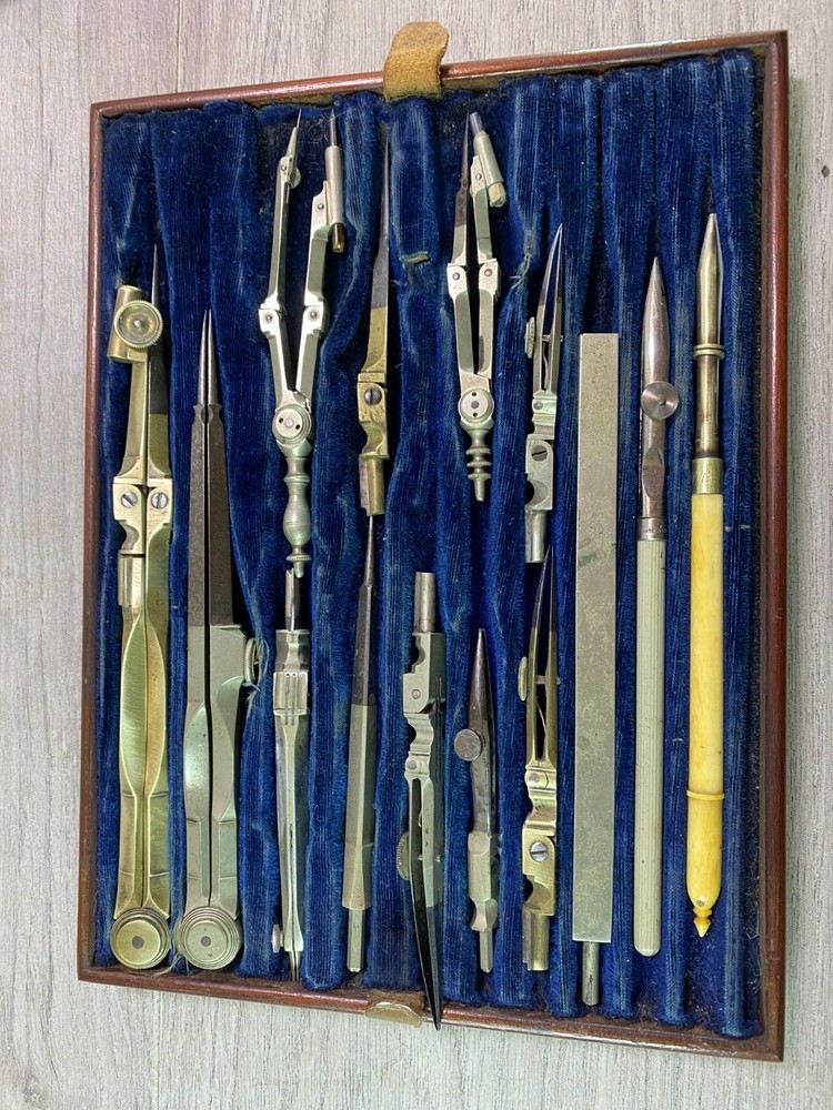 Vintage Engineering Draughtsman Set Technical Drawing Instruments Wooden Case