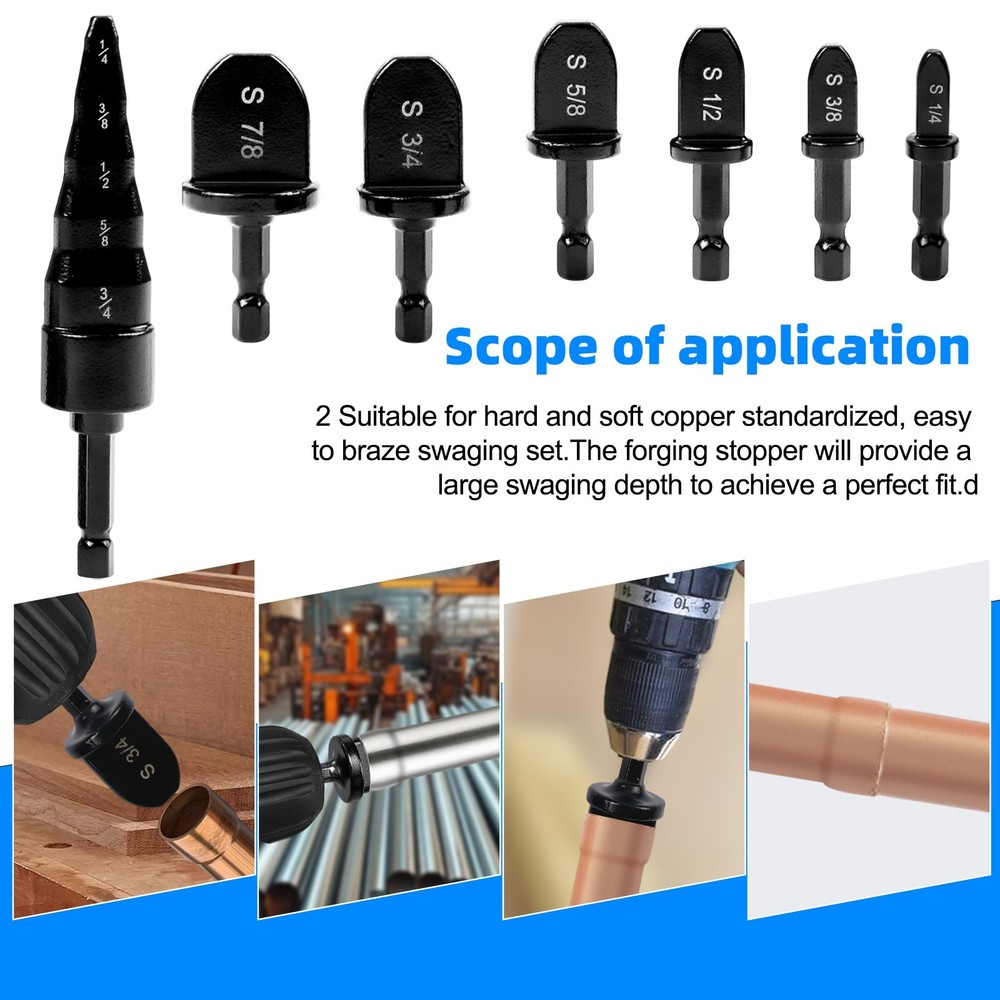 7PCS Copper Pipe Expander Set with 5 in 1 Swaging Tool and Multiple Drill Bits
