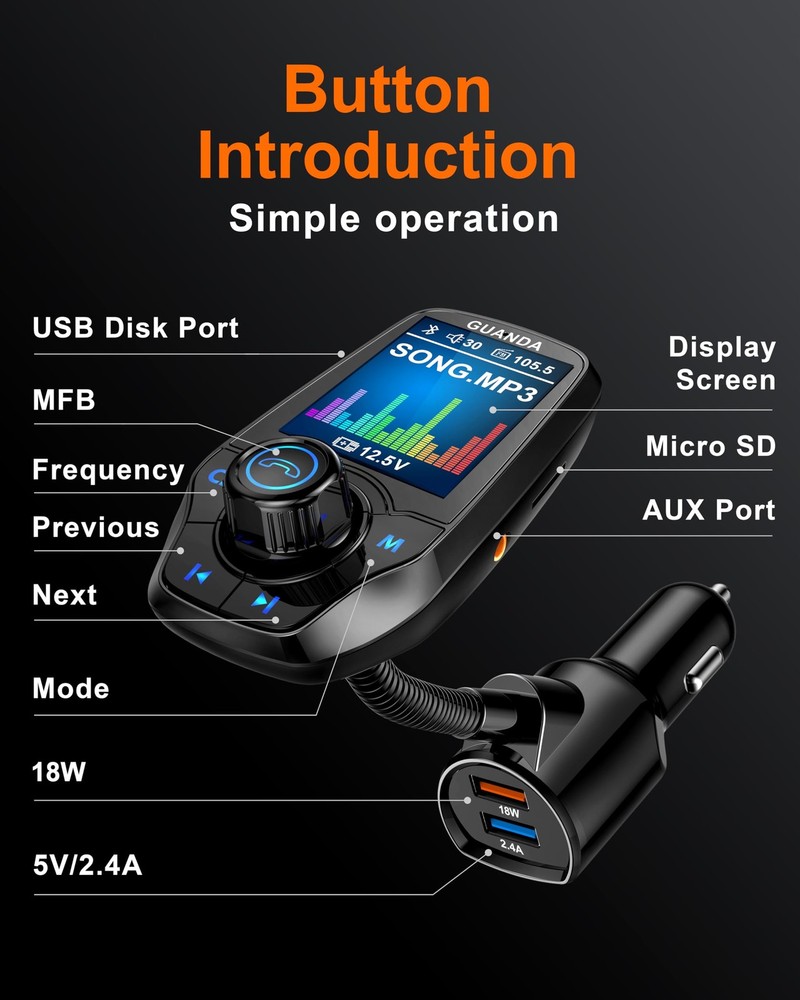Upgraded Bluetooth Fm Transmitter For Car Wireless Radio Adapter Kit W 1.8 Colo