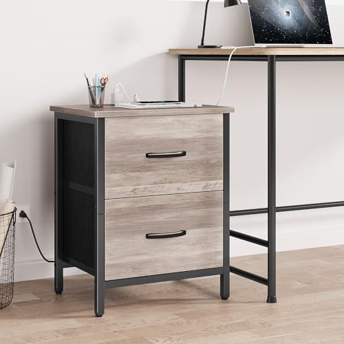 Nightstand Set of 2 with Charging Station, End Table Beside Greige (2 Pack)