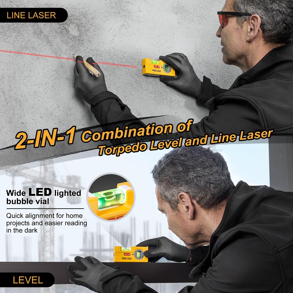 PREXISO 2-in-1 Line Laser Level 30 Ft Laser Line Leveler Tool Mini Torpedo Level