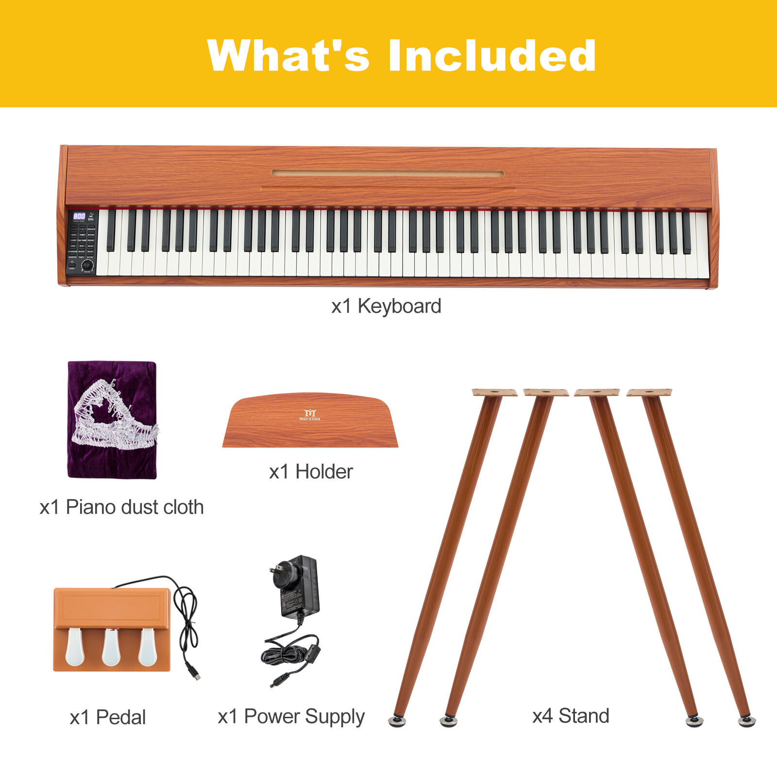 MUSTAR 88-Key Semi-Weighted Digital Piano with USB MIDI, Brown