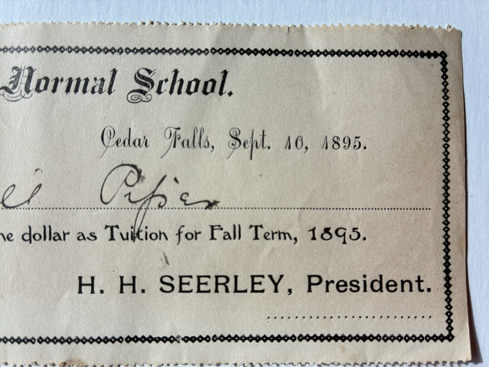 1895 Iowa State Normal School Cedar Falls Tuition Payment Receipt