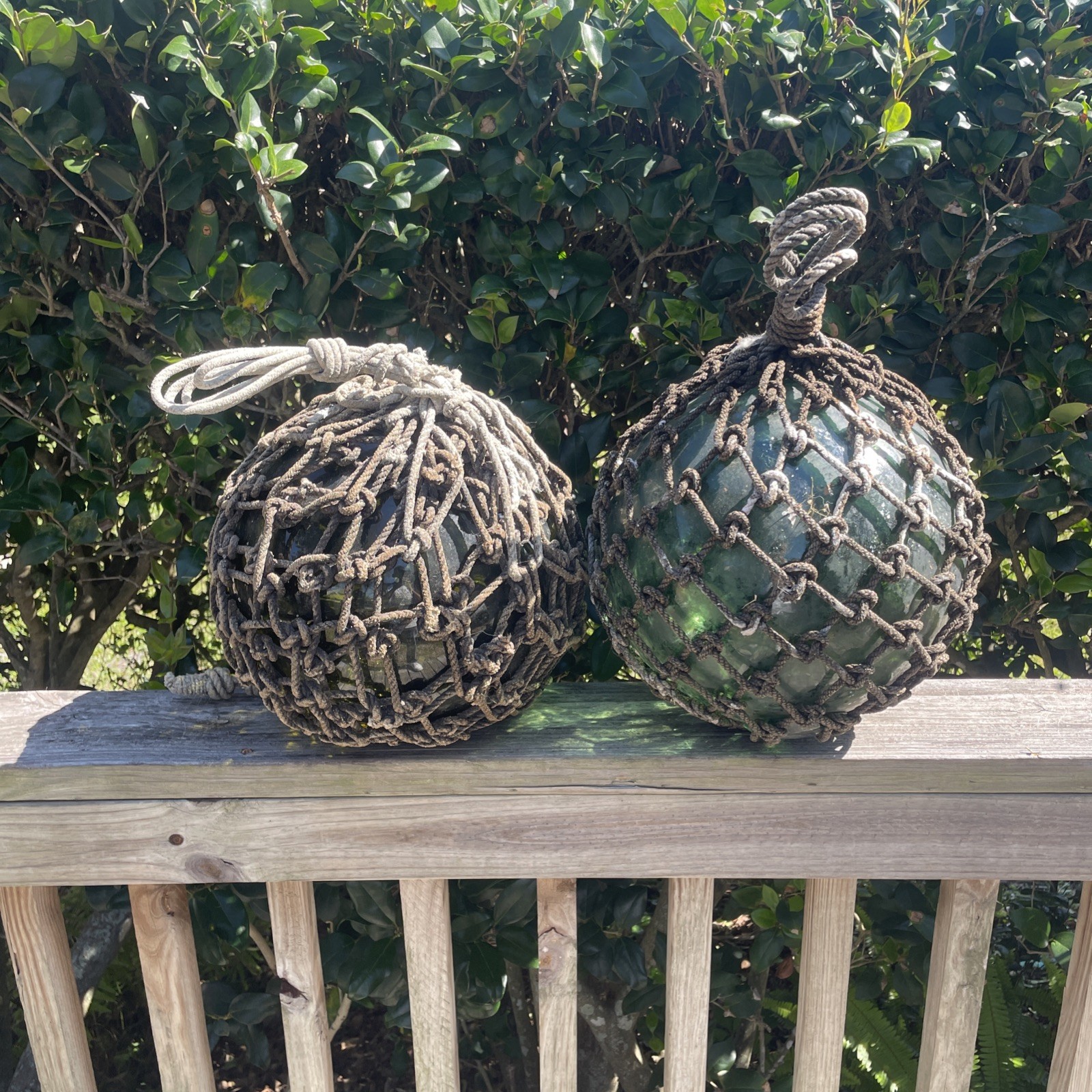 Japanese Large Glass Fishing Float Buoy Ball Net Vintage, Green