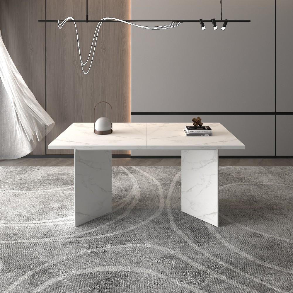 Extendable White Dining Table for 10 People Modern Faux Marble Rectangular Table