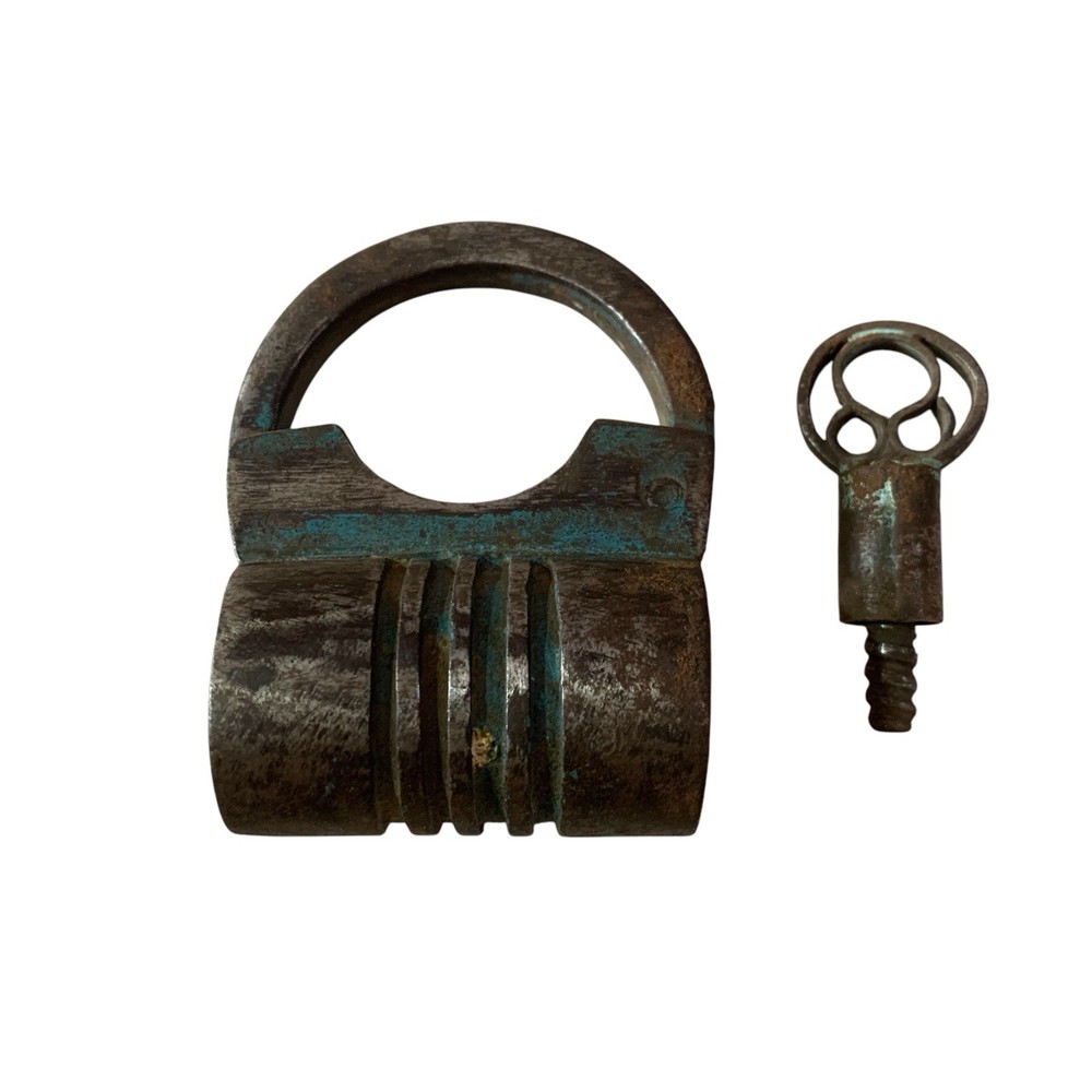 1850's Iron padlock or lock with SCREW TYPE original key.