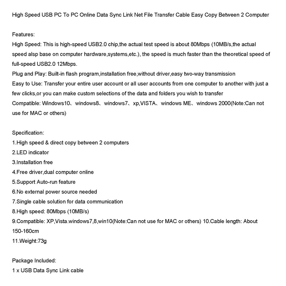 High Speed LED Direct Cable Data File Transfer Copy Between 2 Computers