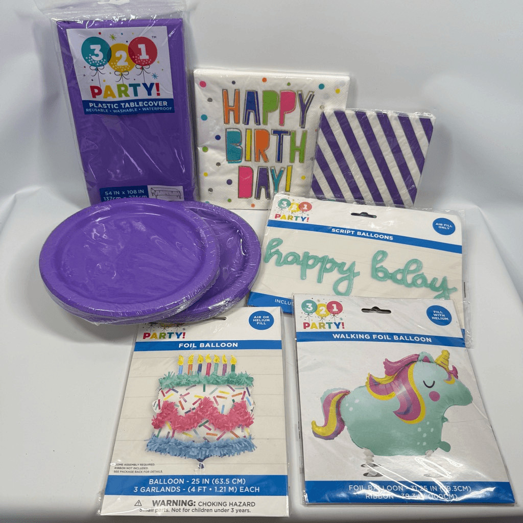 D14  Party City Party Decorations- 8 piece unicorn party supplies and balloons