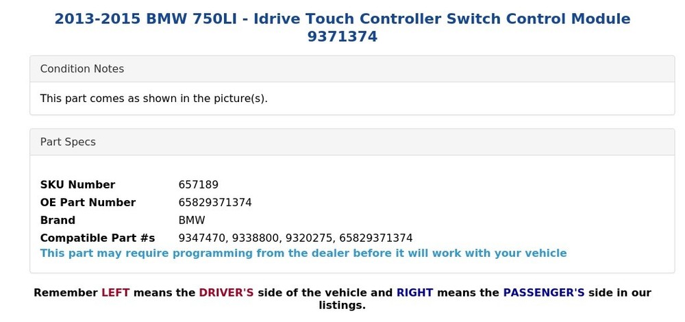 2013-2015 BMW 750LI - Idrive Touch Controller Switch Control Module 9371374