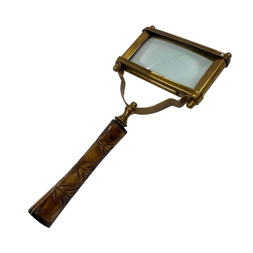 10-1/2″ Rectangular Antiqued Brass Magnifier with Etched Horn Handle New