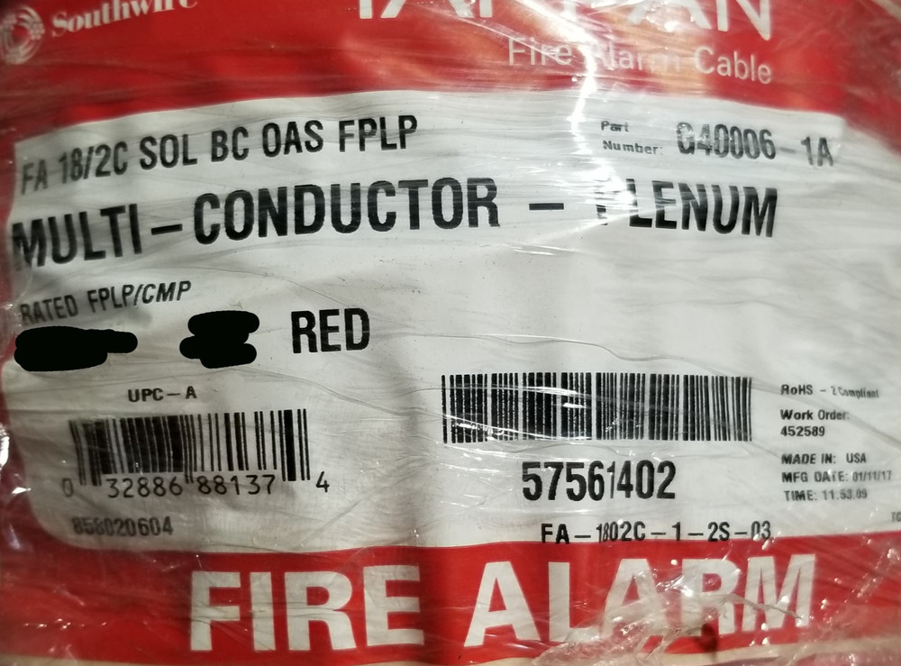 Southwire/Tappan G40006 18/2C Solid Shielded Plenum Fire Alarm Cable Red /100ft