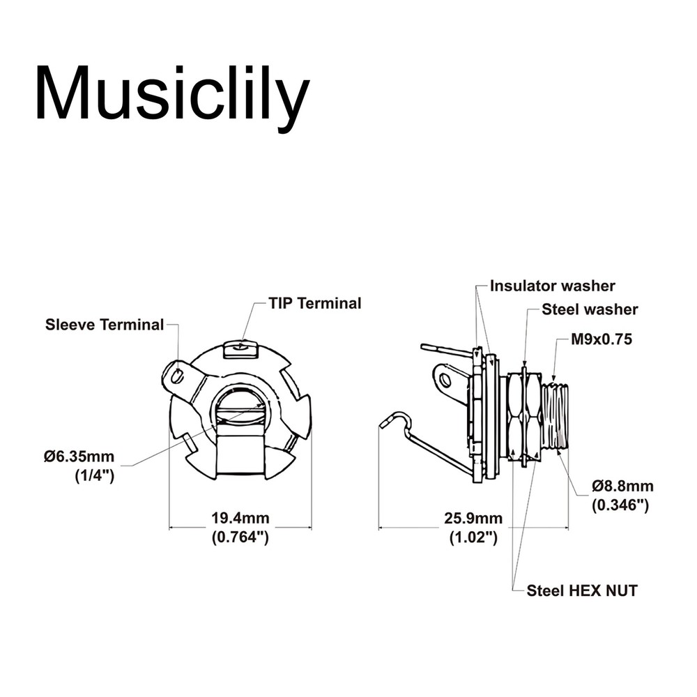 Musiclily 6.35mm Mono Guitar Input Jack Socket , Chrome