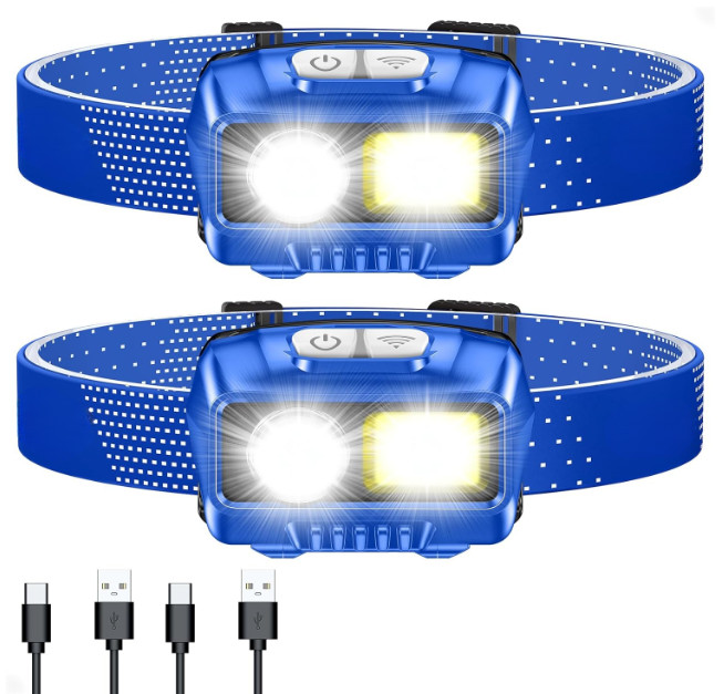 Linterna frontal LED 2000LM recargable, sensor movimiento, 8 modos IPX5, 2 pack