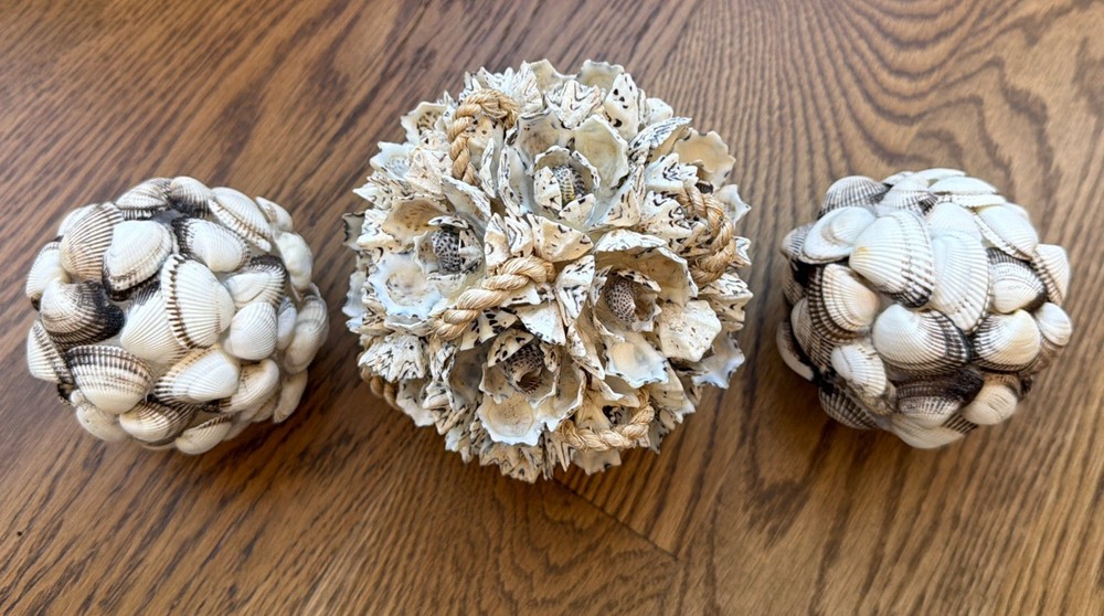 Mixed Seashell Sphere Ball 5" Bowl Ocean Beach Nautical +  2 Shell Balls