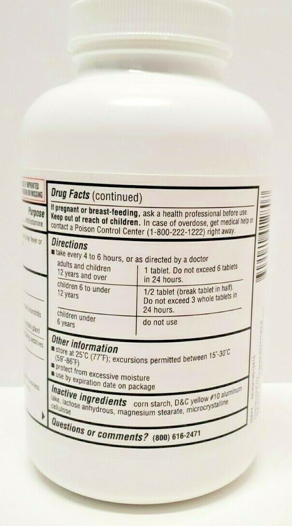 Major Chlorpheniramine 4mg Allergy Tablets 1000ct -Expiration Date 05-2026