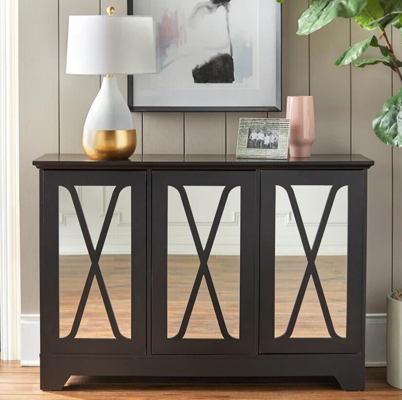 Mirrored Buffet Console Cabinet Storage Center Black Distressed Finished
