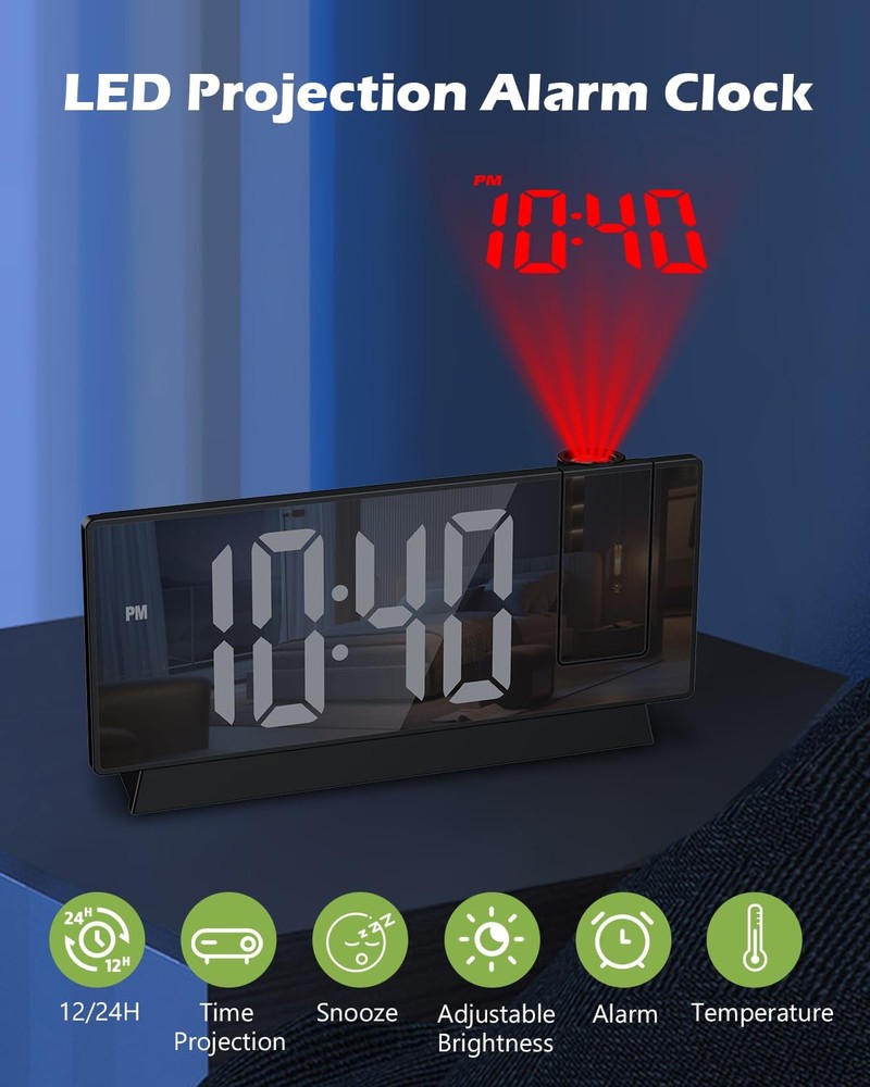 KeeKit Projection Alarm Clock with 180° Rotatable Display, Small, Black