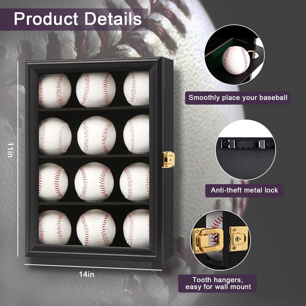 Baseball Display Case-Wood Baseball Holder Cabinet Wall Mount with Lockable 9...