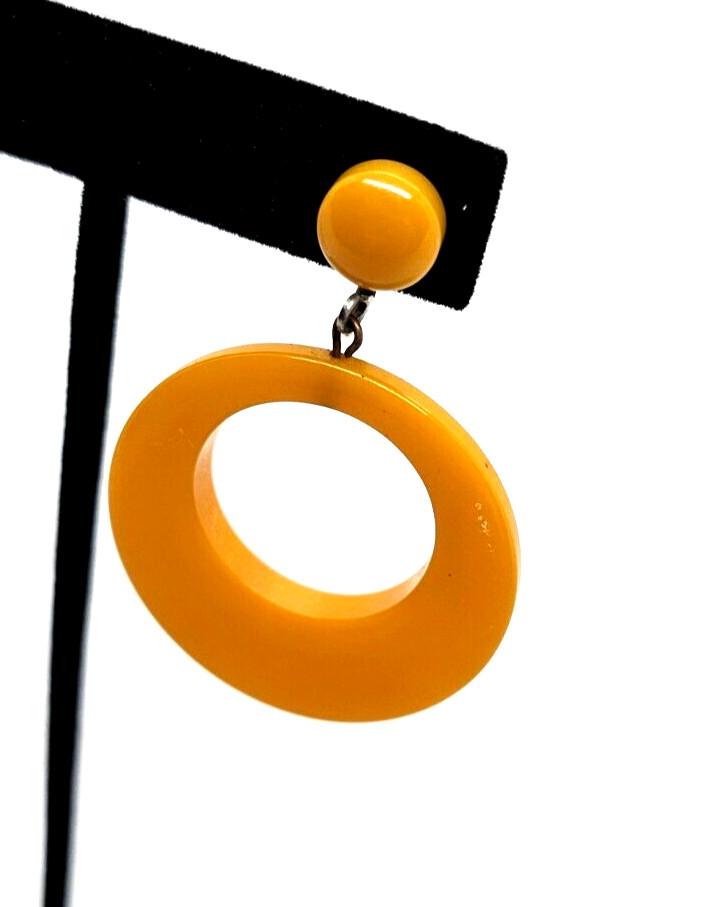 Excellent Butterscotch Bakelite Clip-On & Dangle Front Facing Hoop Earrings