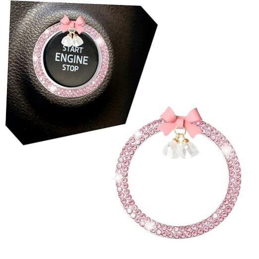 Bling Diamond Car Engine Start Stop Button Decoration Ring, Push Start Pink