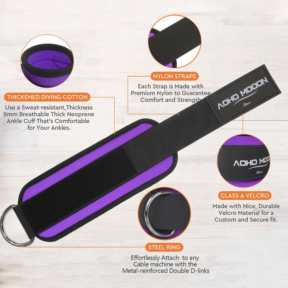 AOHO MOOON (Pair) Comfortable Adjustable Ankle Straps for Cable Purple