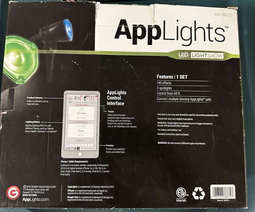 Gemmy APPLIGHTS LED Projection 140 Effects Lightshow 3 Strobes Remote Control