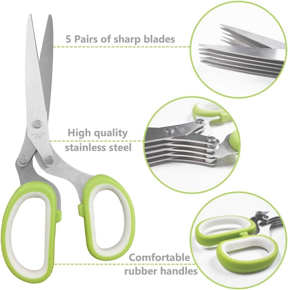 Versatile Kitchen Herb Cutter Scissors with 5 Blades & Cleaning Comb - Green