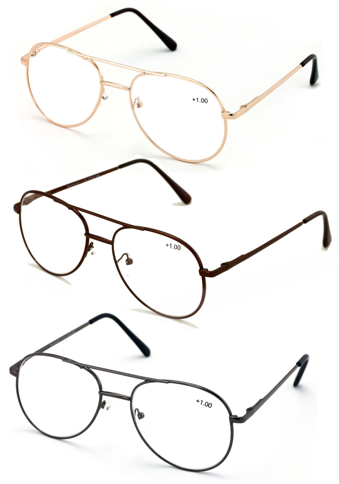 3 Pairs Metal Aviator Reading Glasses - Spring Hinge Tear Drop Reader gold brown