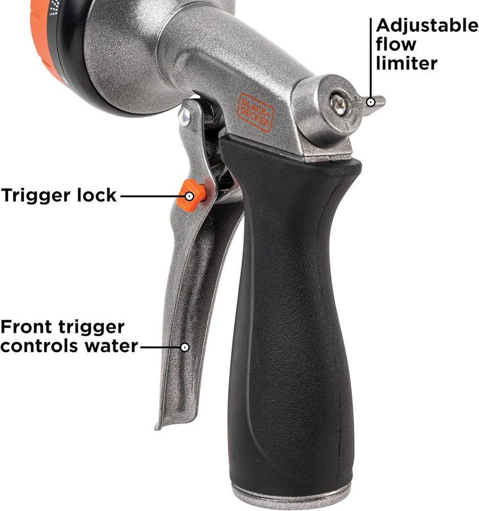 Black + Decker® 8-Pattern Zinc Front Trigger Nozzle – Durable Metal Build, Comfo