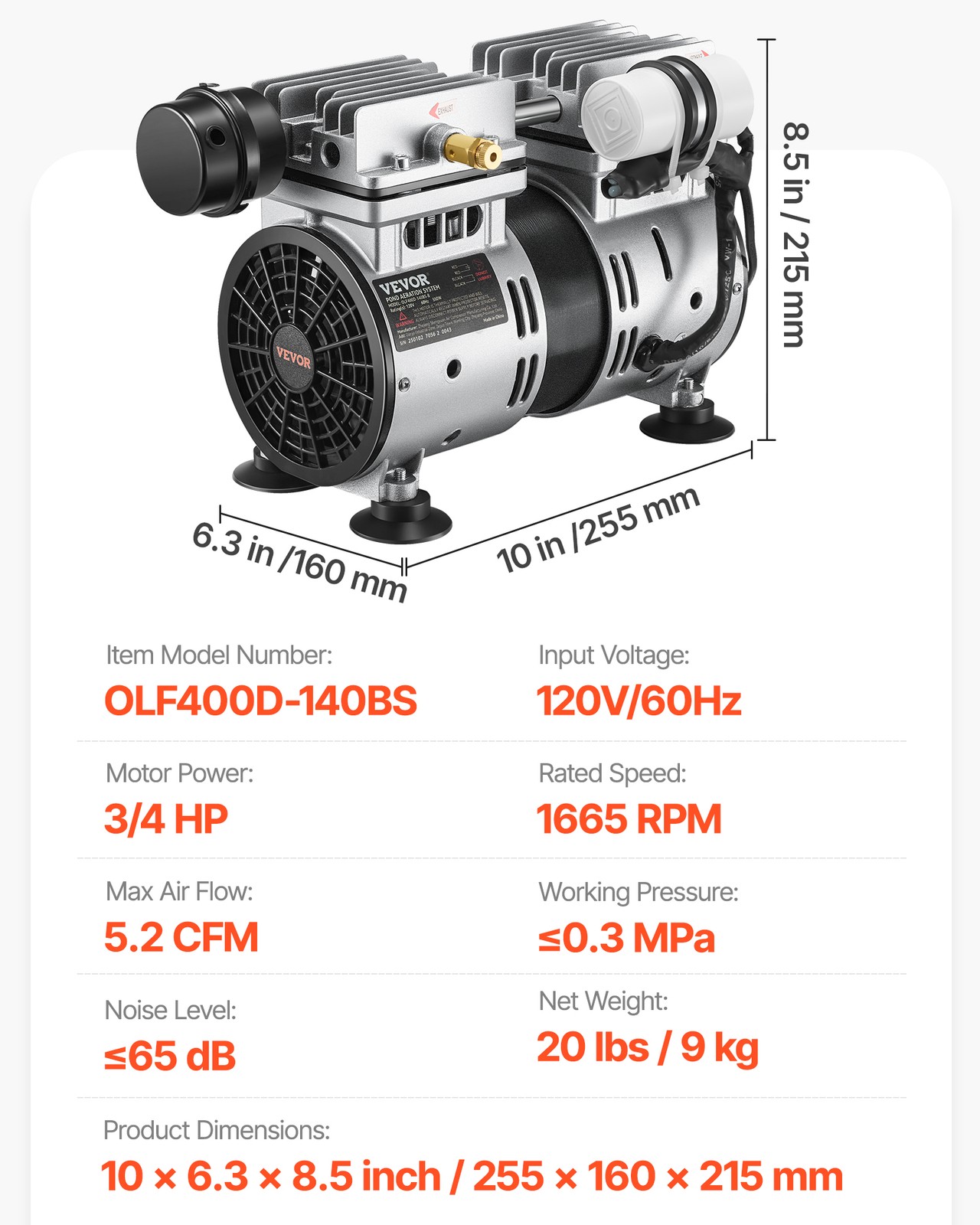 VEVOR Pond Aerator Lake Pond Aeration Kit 3/4 HP 550W 5.2CFM for Up to 3 Acre