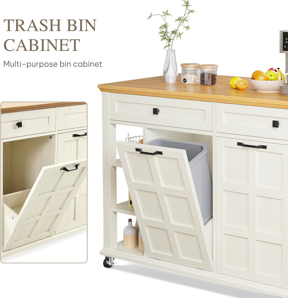 Mobile Kitchen Island with Drop Leaf & Trash Can, Off White Storage Table