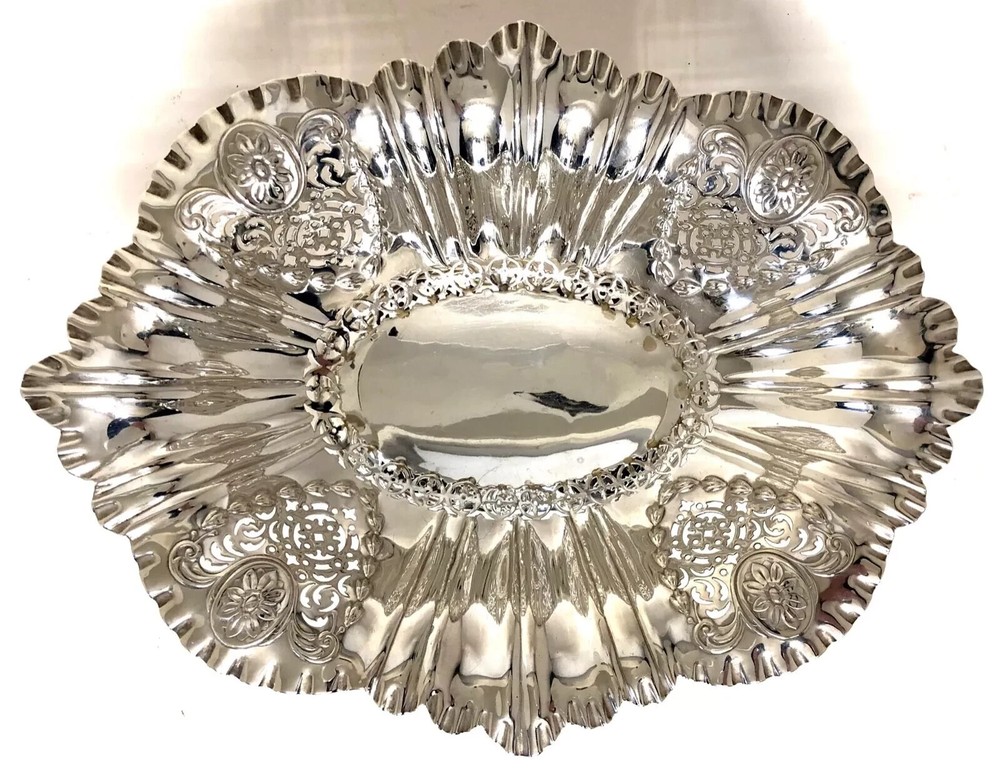Antique VICTORIAN Solid Silver Victorian Oval Basket Pierced & Embossed 351.7g