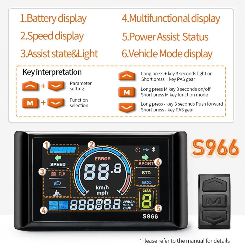Ebike 24V-48V 17A Sine Wave Controller+S966 Display WP Plug for 350W Motor