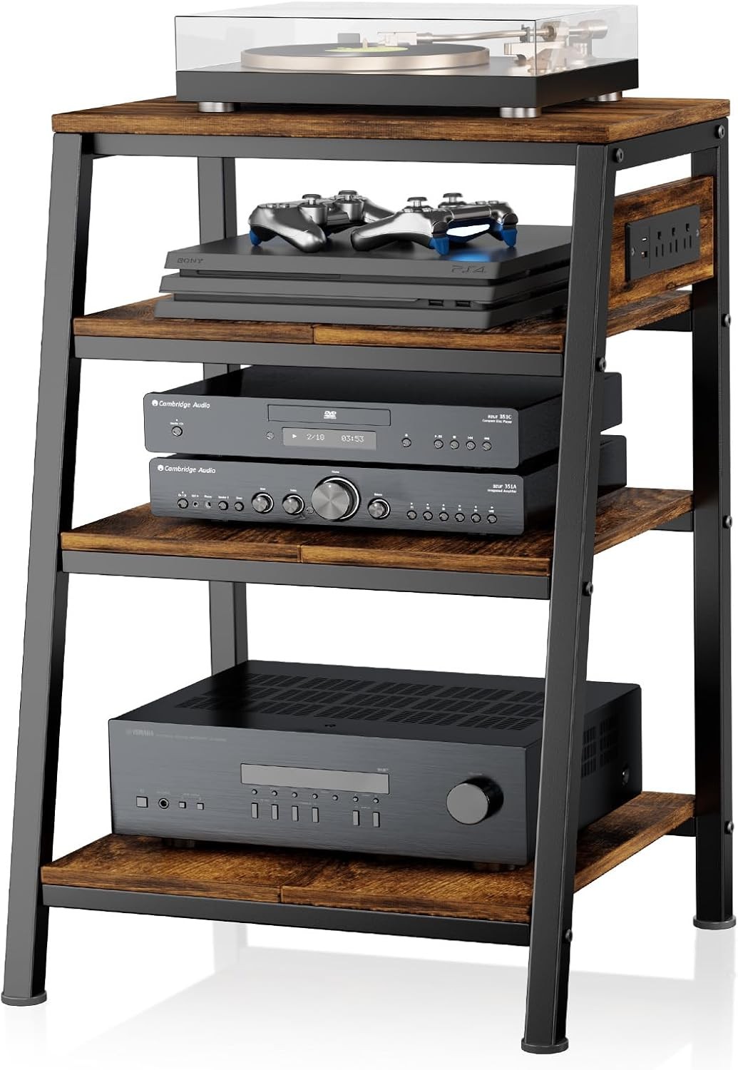 AV Media Stand Stereo Cabinet Audio Rack W/ Side Power Strip Shelves 4-Tier