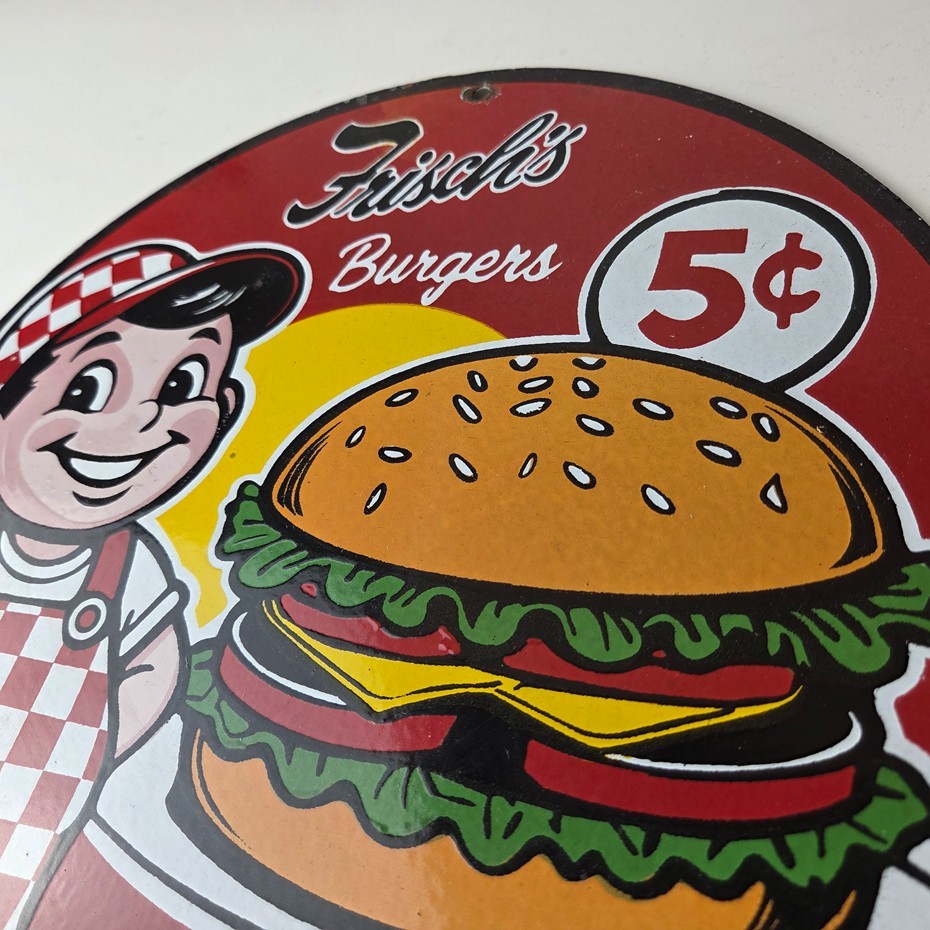 Vintage Big Boy Sign - 5 Cent Frisch's Fast Food Porcelain Gas Pump Sign