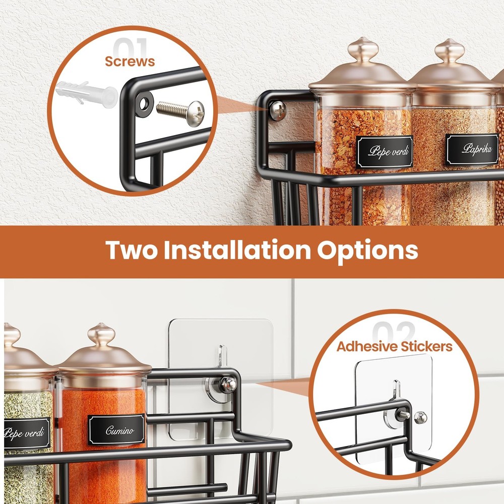 Spice Rack wall mounted 6 Pack, Space-Saving Spice Organizer for Spice Jars a...