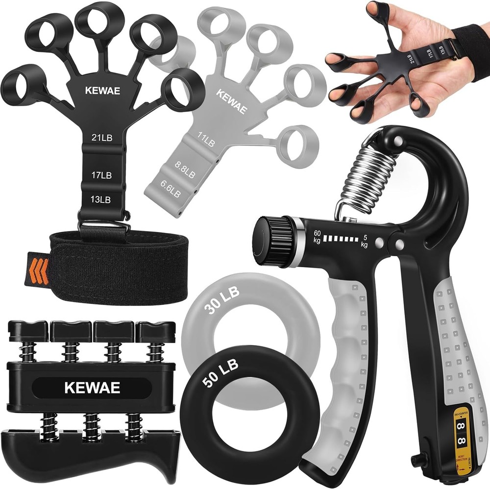 Grip Strength Trainer Kit 6 Pack with Finger Exerciser, Hand black grey