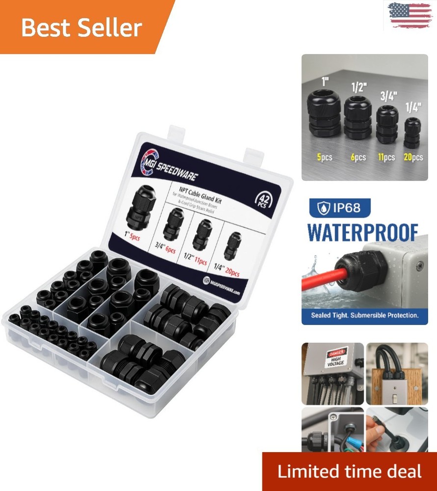 Assorted 42-Pc NPT Cable Gland Kit - Durable Strain Relief for Electrical Needs