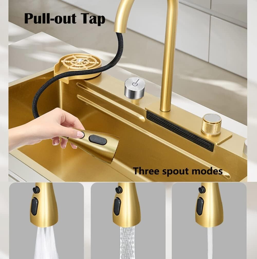 33x22 IN Gold Flying Rain Stainles Steel Watefall Kitchen Sink w PullDown Faucet