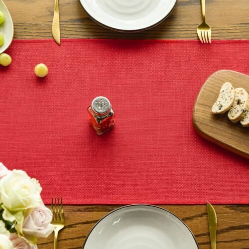 Tassel Table Runner, Christmas Linen Blend Rustic 13" x 36", Table Runner Red