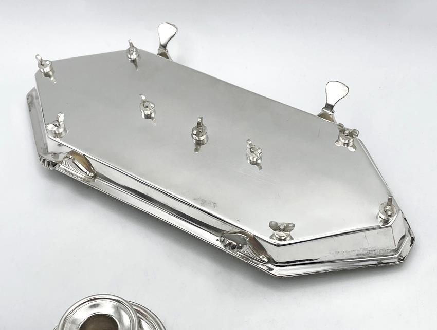 DESK INKSTAND SILVER PLATED ANTIQUE LION PAW FEET